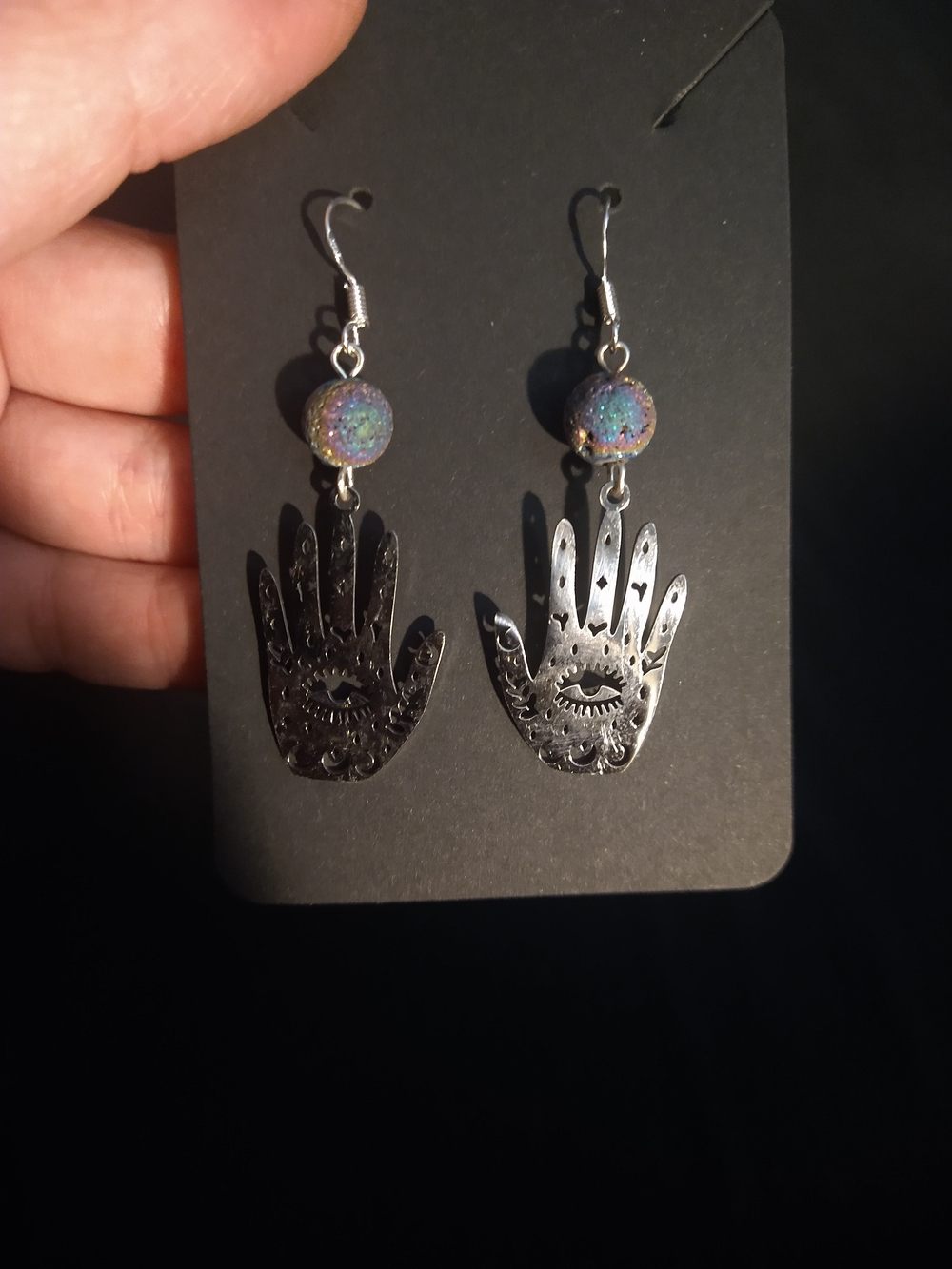 Hamsa Hand Dangle Earrings with Iridescent Druzy Accent - Silver